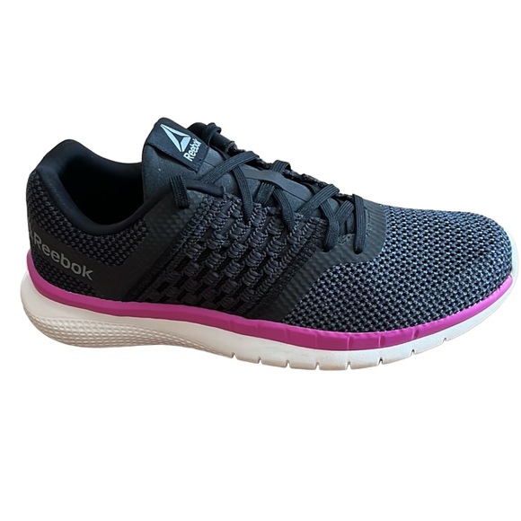 REEBOK WOMENS PRINT PRIME RUNNER ATHLETIC SNEAKER BLACK PINK LIGHTWEIGHT SZ 8 - Picture 1 of 13